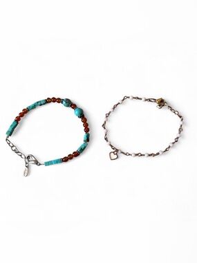 2 bracelets Turquoise & Orange Beaded & White Heart Accent with faceted stones